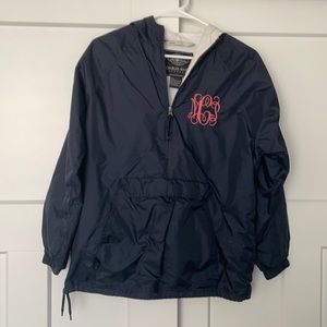 Navy Charles River Apparel quarter zip rain jacket with pink MPC monogram